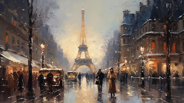 Peinture à l'huile vintage Noël à Paris avec des couleurs émoussées