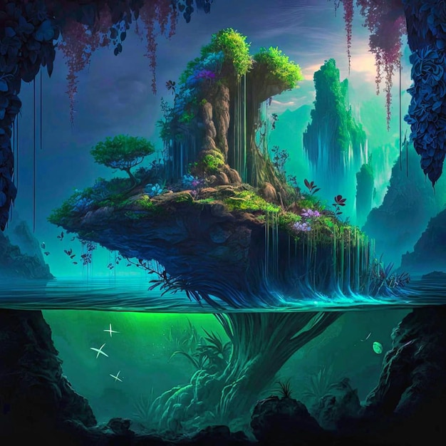 Une peinture d'une île fantastique avec un arbre dessus.