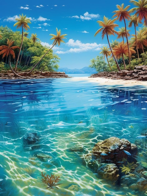 une peinture d'une île tropicale avec une île tropicale dans l'eau.
