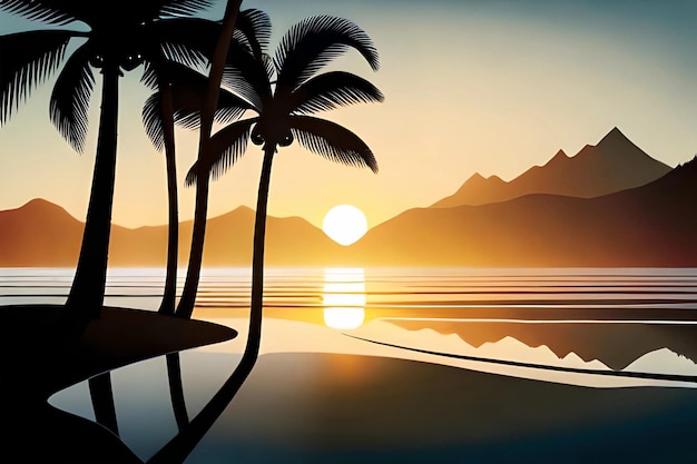 Une peinture d'une île tropicale avec des palmiers et des montagnes en arrière-plan.