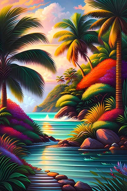 Une peinture d'une île tropicale avec des palmiers et une rivière.