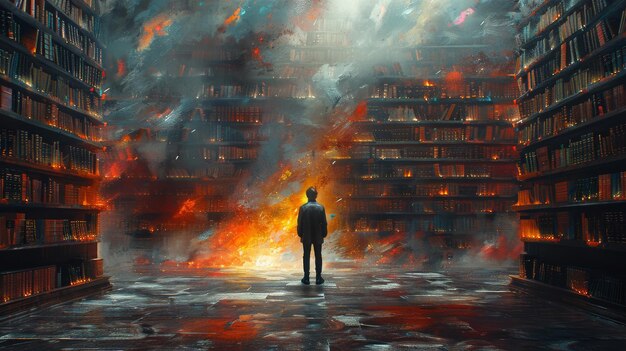 Photo une peinture d'illustration d'un homme debout dans une bibliothèque mystérieuse dans le style de l'art numérique