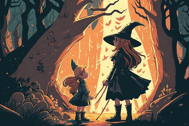 Peinture illustrative de style art numérique d'une jeune fille et d'une sorcière interagissant dans un bois