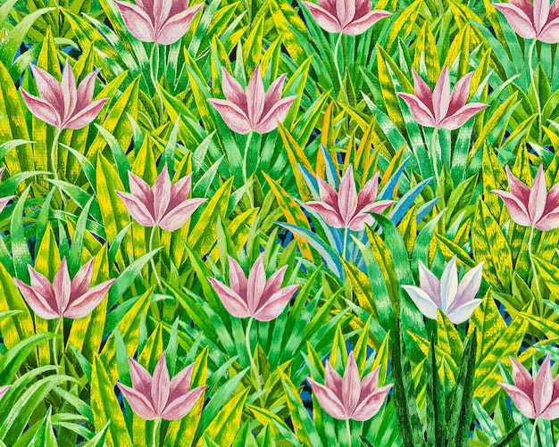 Une peinture illustrée d'un champ d'herbe verte rempli de fleurs roses