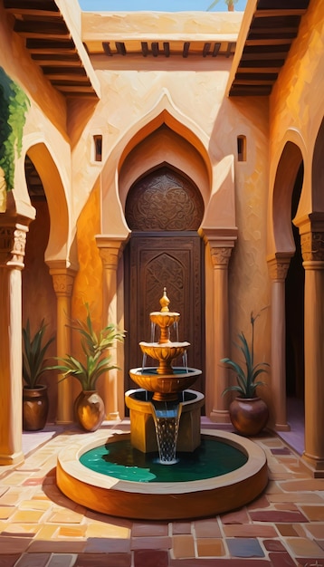 Peinture à l'impasto maison arabe de cour avec fontaine d'eau