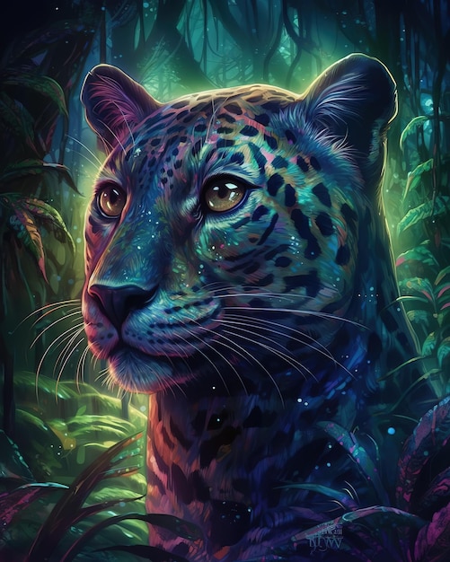 Une peinture d'un jaguar dans la jungle