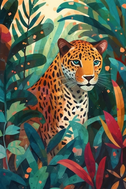 Une peinture d'un jaguar dans la jungle