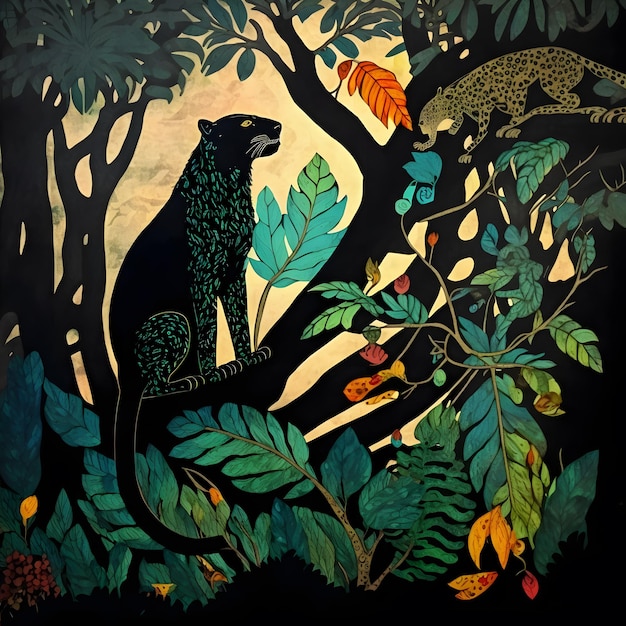 Une peinture d'un jaguar et d'un léopard dans la jungle.