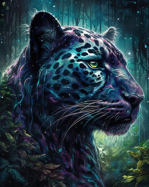 Une peinture d'un jaguar avec un motif bleu et violet.