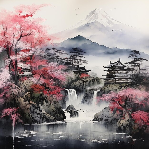 Photo peinture japonaise dessinée à la main à l'encre florale