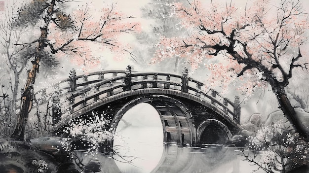 Peinture japonaise d'un pont semi-circulaire dans un jardin plein de fleurs Image générée par l'IA