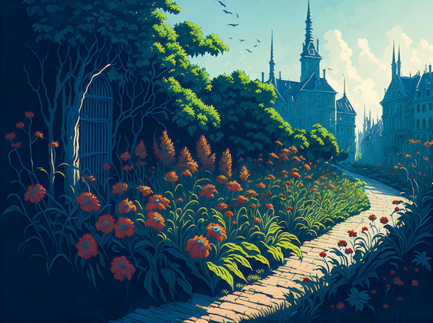 Photo une peinture d'un jardin avec un château en arrière-plan.