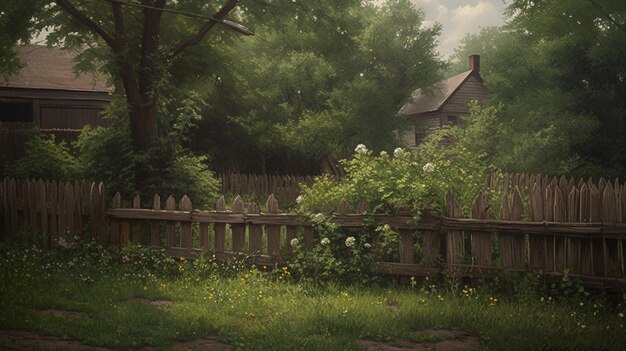 Photo une peinture d'un jardin avec une clôture et une maison en arrière-plan.