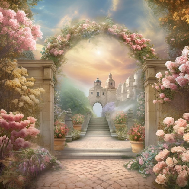 Photo une peinture d'un jardin avec des fleurs et une porte qui dit 