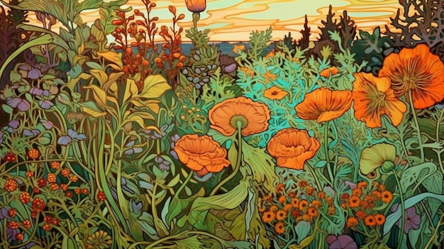 Une peinture d'un jardin avec des fleurs et un réverbère.