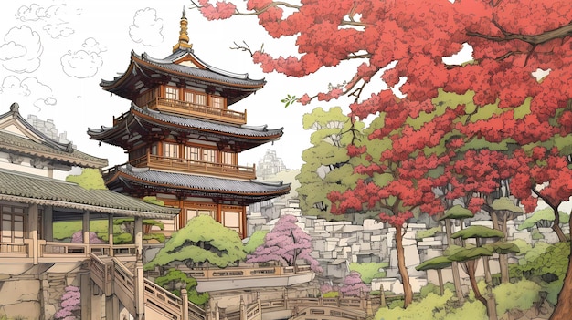 Une peinture d'un jardin japonais avec une pagode en arrière-plan.