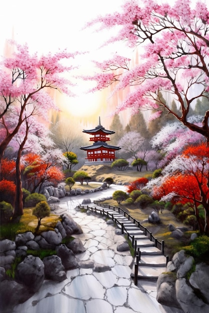 Une peinture d'un jardin japonais avec un pont et une pagode en arrière-plan.
