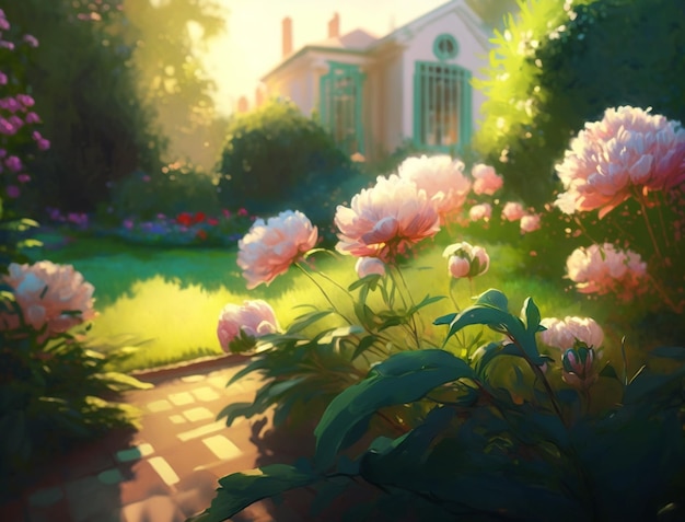 Une peinture d'un jardin avec une maison en arrière-plan
