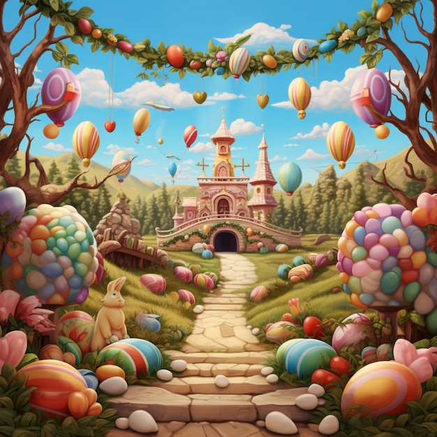 une peinture d'un jardin avec des œufs et une maison en arrière-plan