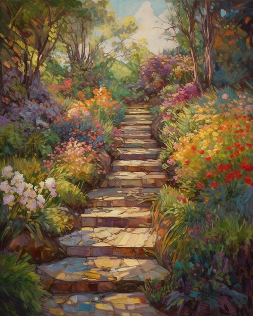 Une peinture d'un jardin avec une peinture de fleurs et un escalier.