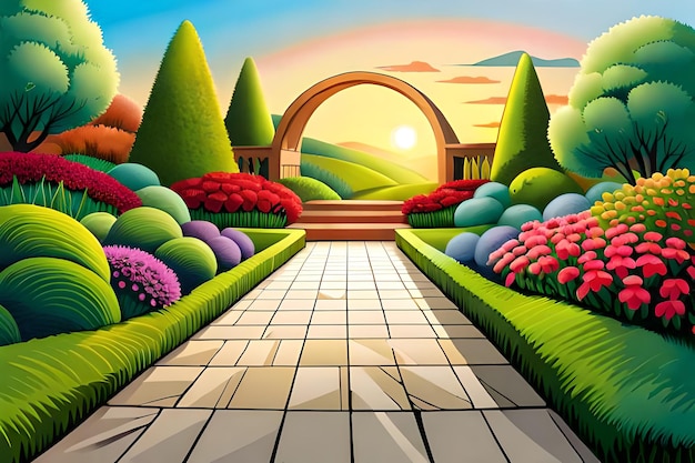Une peinture d'un jardin avec un pont et un soleil en arrière-plan.