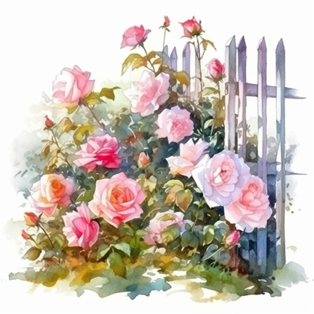 peinture d'un jardin avec des roses et un piquet génératif ai