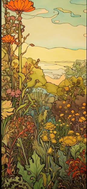 Une peinture d'un jardin avec vue sur la mer et le ciel.