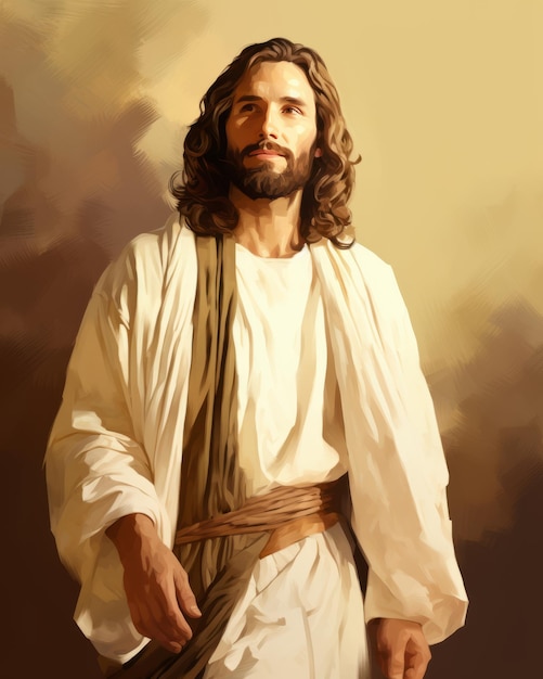 une peinture de jésus avec les cheveux longs et la barbe