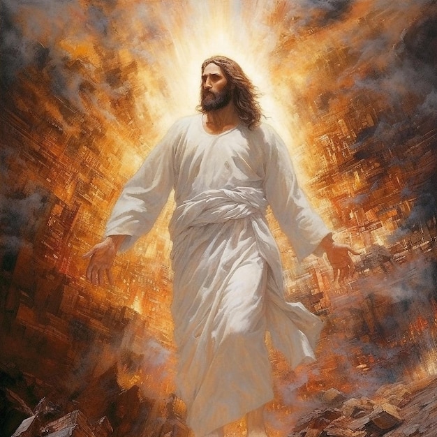 Peinture de Jésus-Christ avec Fire Glory Apocalypse Return Heaven