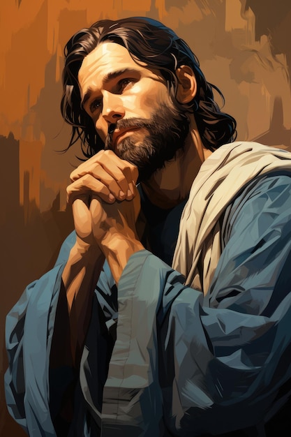 Une peinture de Jésus dans une robe bleu foncé priant Image numérique