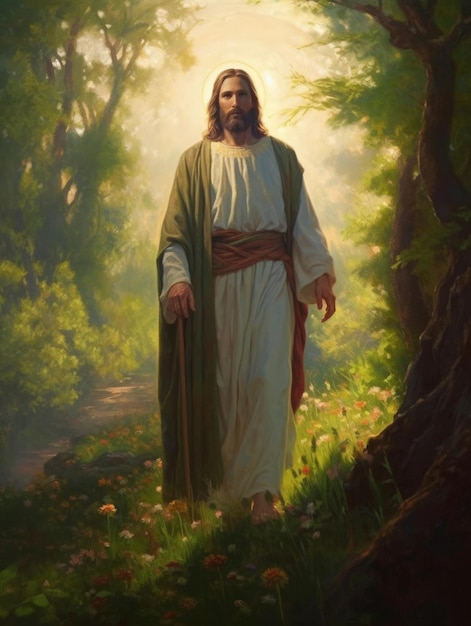 Une peinture de Jésus debout dans une forêt avec le soleil qui brille sur lui