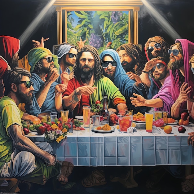 Photo une peinture de jésus est sur une table avec d'autres personnes