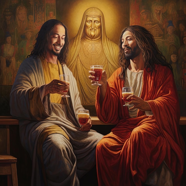 Photo une peinture de jésus et jésus avec de la bière dans les mains