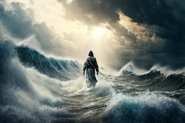 Une peinture de Jésus marchant sous l'eau