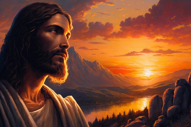 Une peinture de Jésus regardant le coucher du soleil