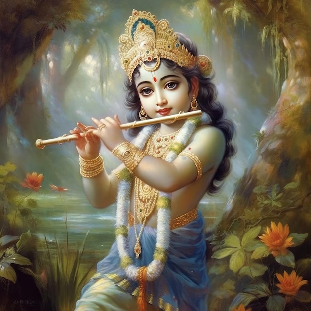 Peinture d'un jeune dieu krishna tenant une flûte dans sa main