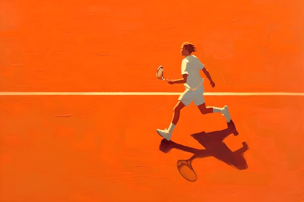Une peinture d'un joueur de tennis avec une raquette sur le terrain.