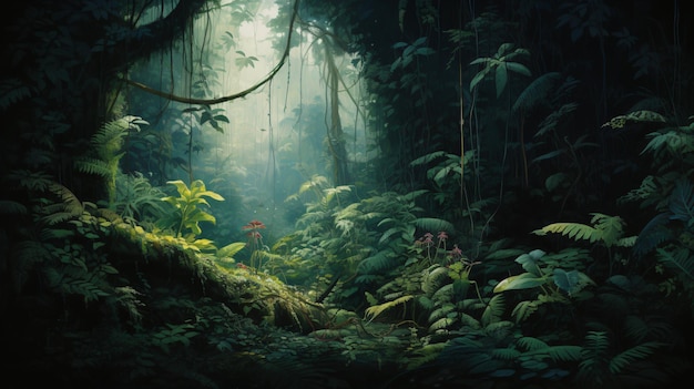 Peinture d'une jungle avec beaucoup de plantes vertes