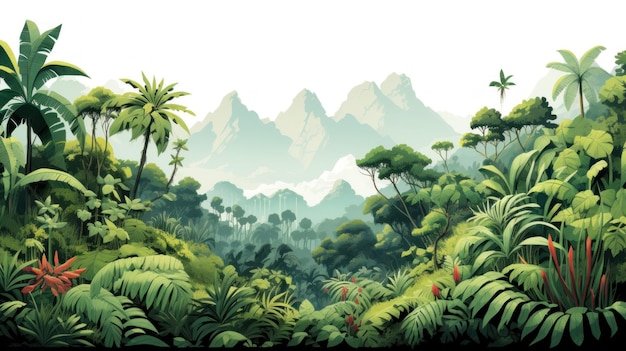 Peinture d'une jungle avec des montagnes en arrière-plan