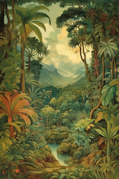 Une peinture d'une jungle avec une rivière au premier plan.