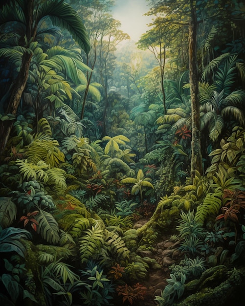 Une peinture d'une jungle avec une scène de jungle.