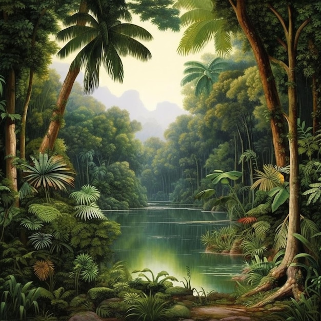 Une peinture d'une jungle tropicale avec un lac au milieu.