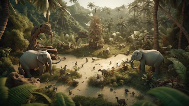 Une peinture d'une jungle avec un troupeau d'éléphants et une scène de jungle.