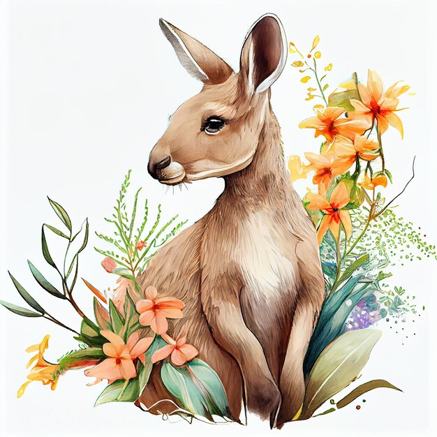 Une peinture d'un kangourou avec un fond de fleurs.