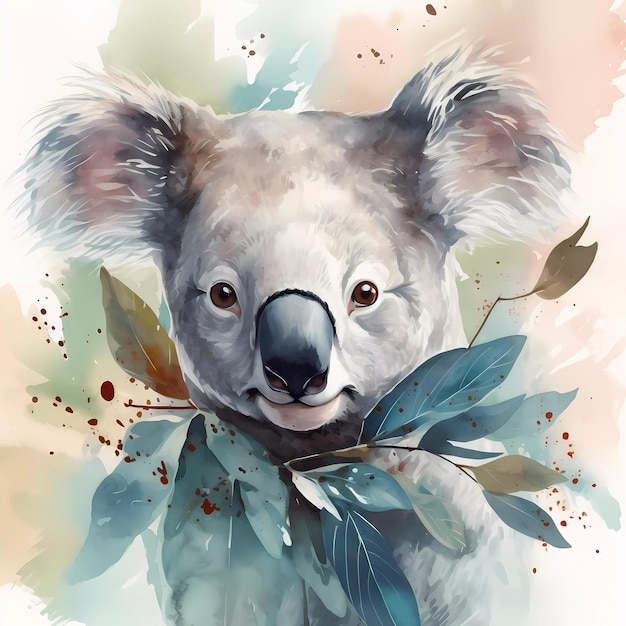 Une peinture d'un koala avec des feuilles dessus