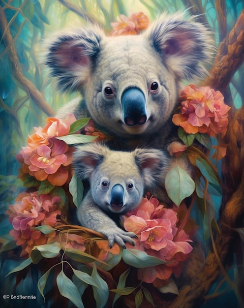 Une peinture d'un koala et de son bébé.