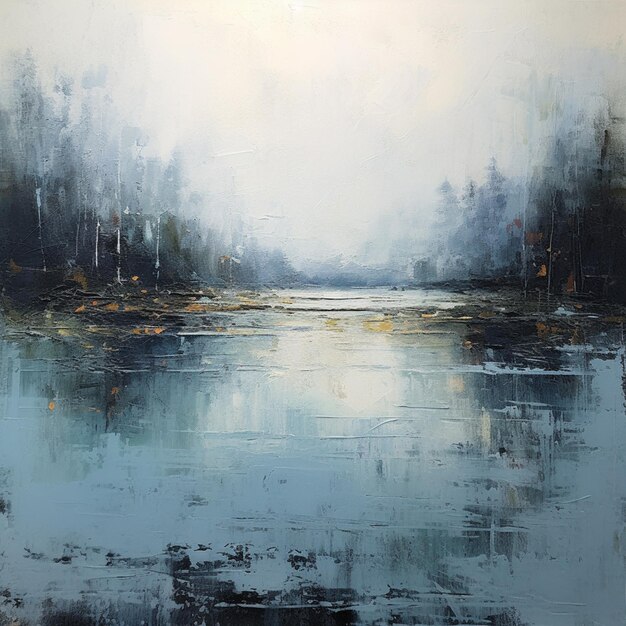Une peinture d'un lac avec des arbres sur le côté gauche.