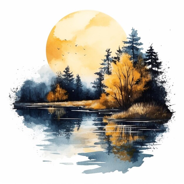 une peinture d'un lac avec des arbres et une lune pleine générative ai