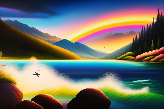 Une peinture d'un lac avec un arc-en-ciel et un arc-en-ciel.