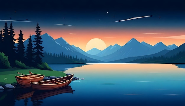une peinture d'un lac avec un bateau et un coucher de soleil